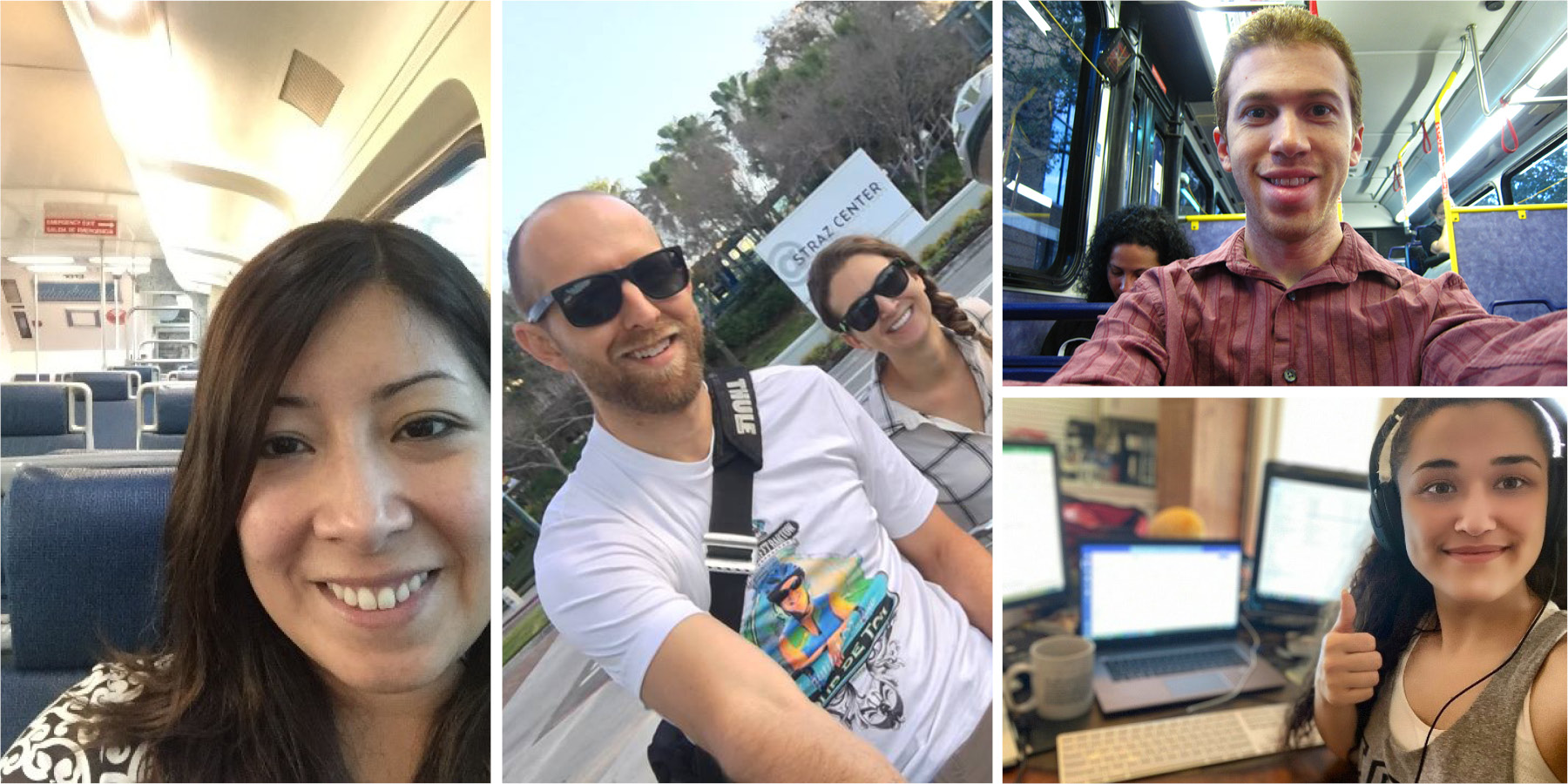 Photo collage of Benesch's Florida employees telecommuting and using alternative modes of transportation to work