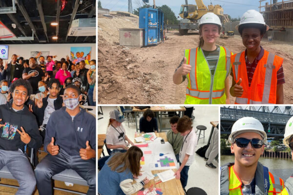 A photo with several images, one of students smiling in a classroom and another image of students in the field and students seated at a table working together