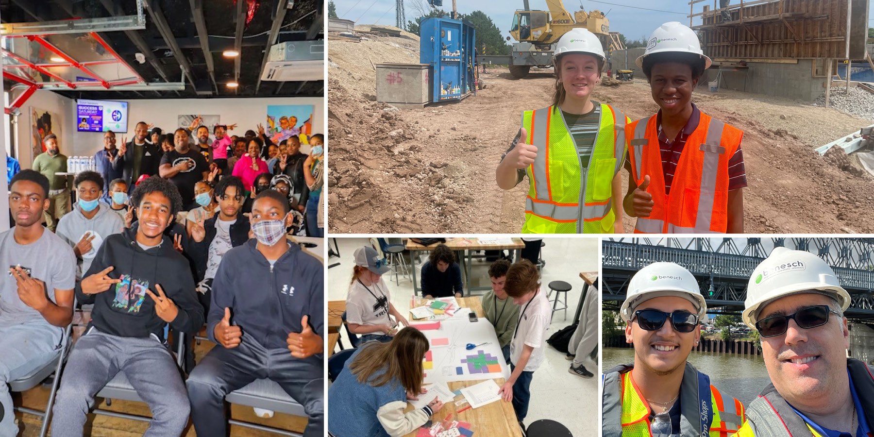 A photo with several images, one of students smiling in a classroom and another image of students in the field and students seated at a table working together