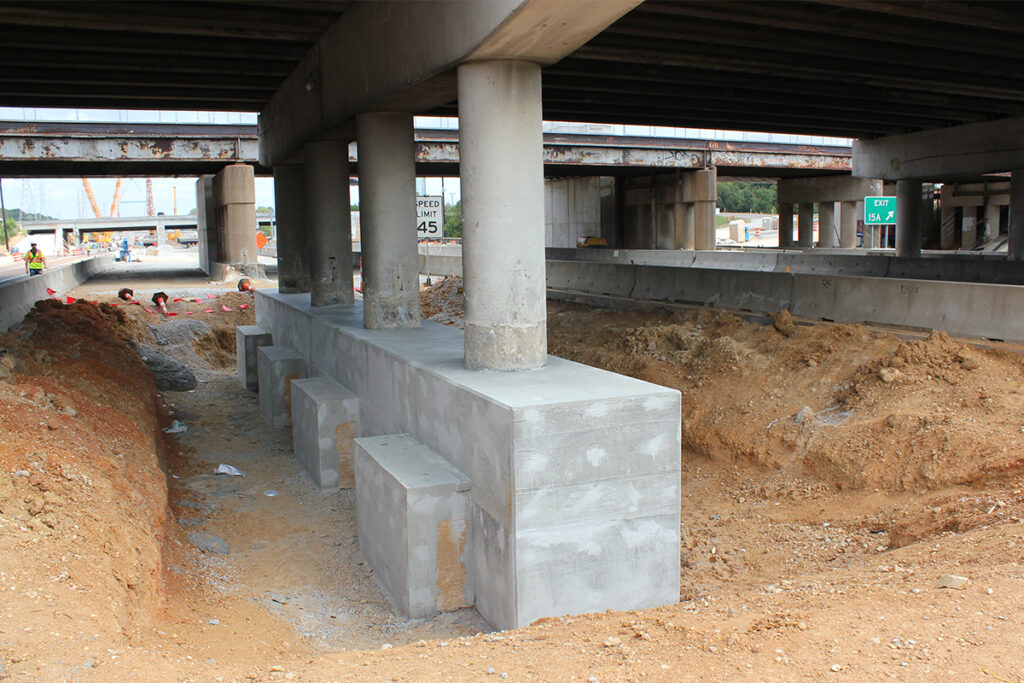 image of retrofitted micropiles under a highway bridge