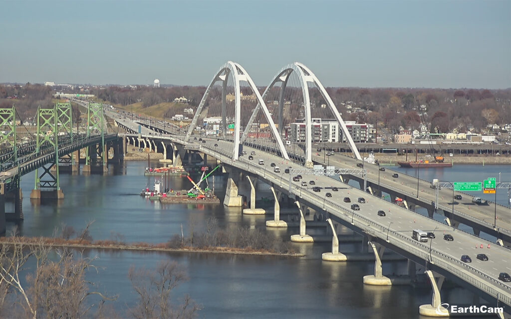 Aerial photo of traffic along I-74 Bridge over the Mississippi River