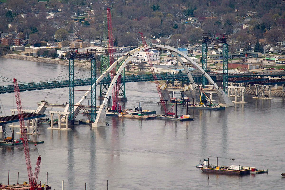 Aerial photo I-74 bridge over the Mississippi River during construction