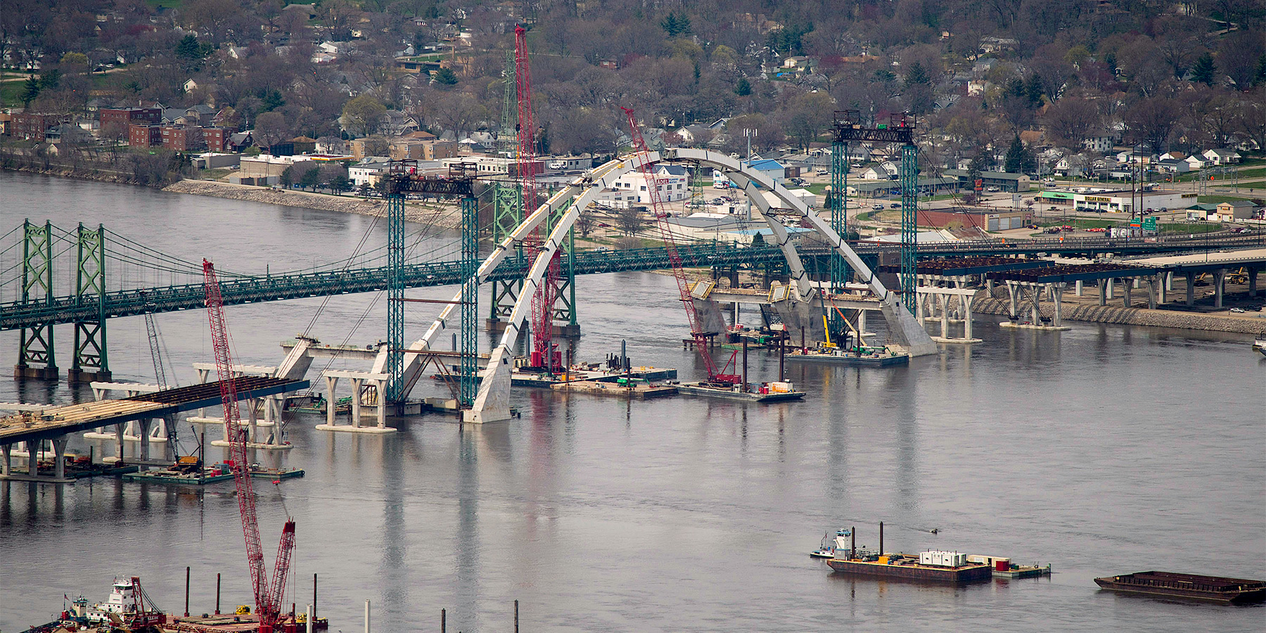 Aerial photo I-74 bridge over the Mississippi River during construction