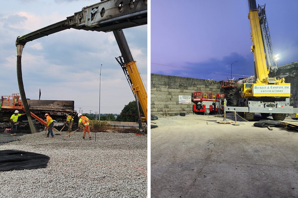 photo showing placement of aggregate fill and construction of retaining walls during the emergency response to a bridge collapse on I-95