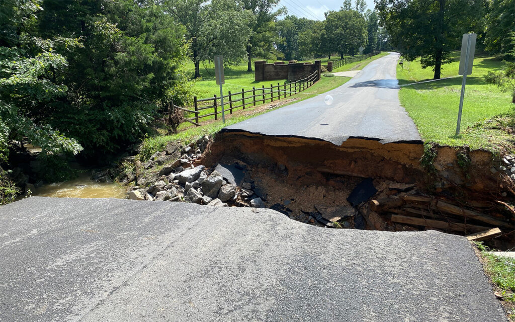 Photo of a road in Humphreys County, Tennessee, affected by a flash flood.