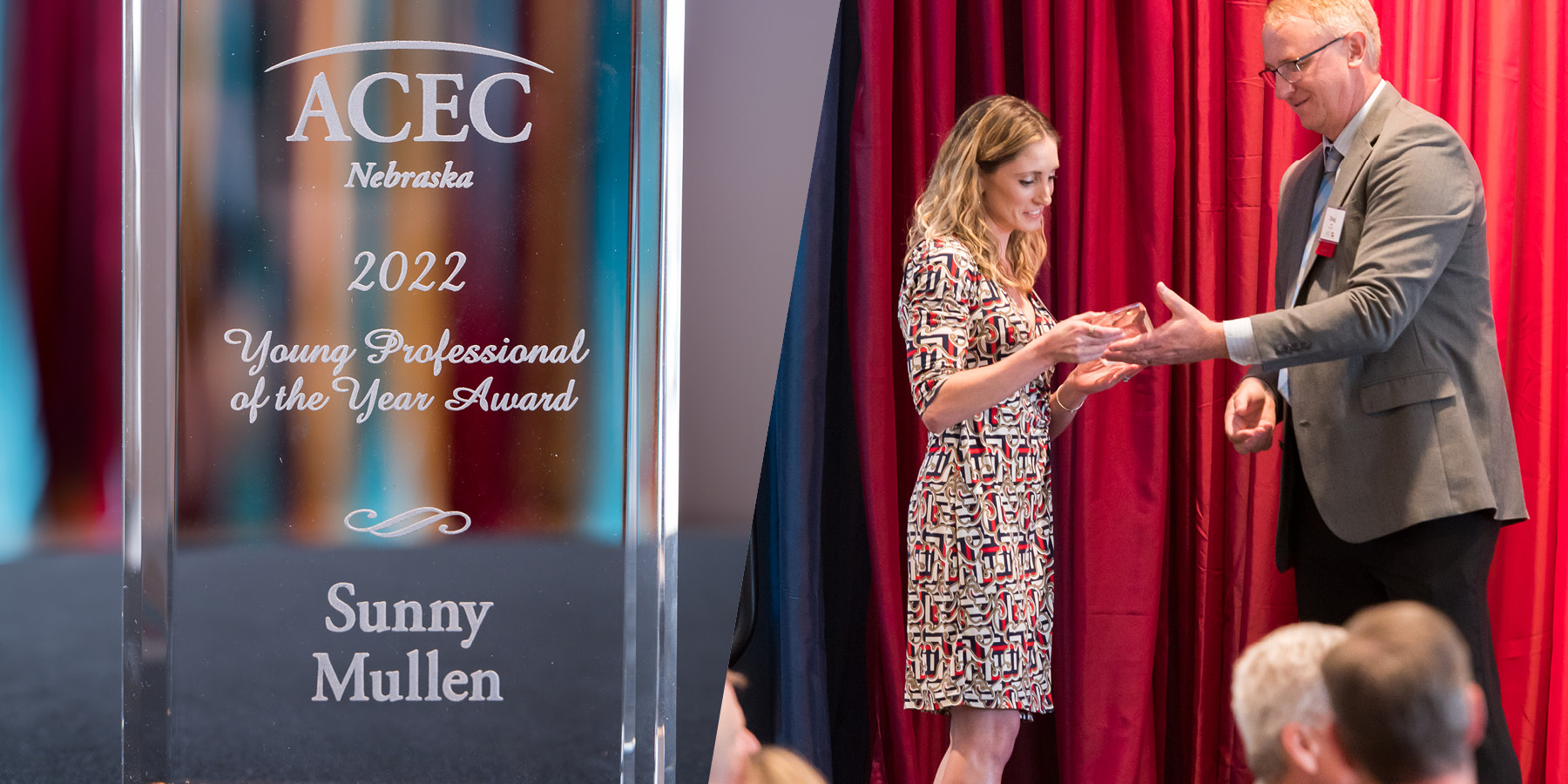 Photo of Benesch employee Sunny Mullen receiving the ACEC Nebraska Young Professional of the Year Award