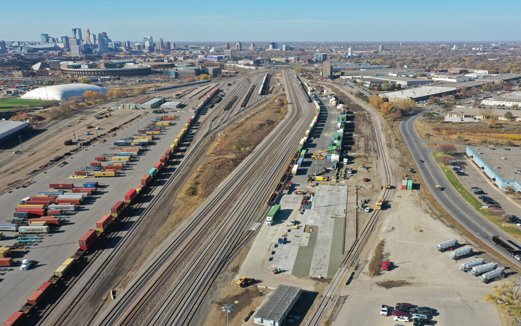 Aerial view of an intermodal railroad yard