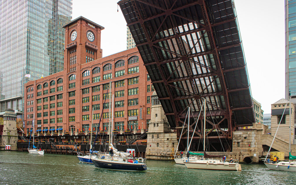 Photo of Chicago River bridge open during a boat run