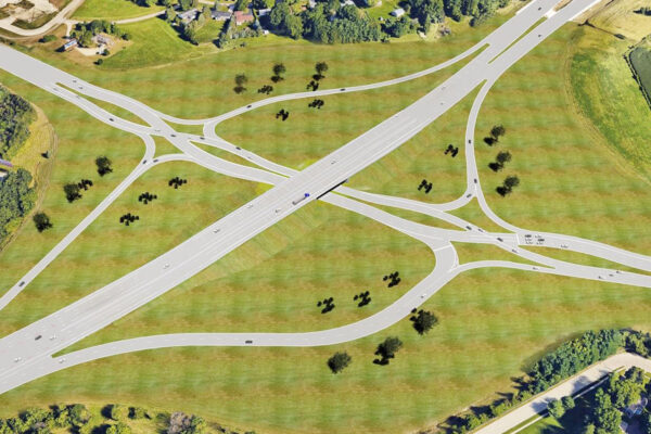 Rendering of a new diverging diamond interchange carrying US-20 over I-39