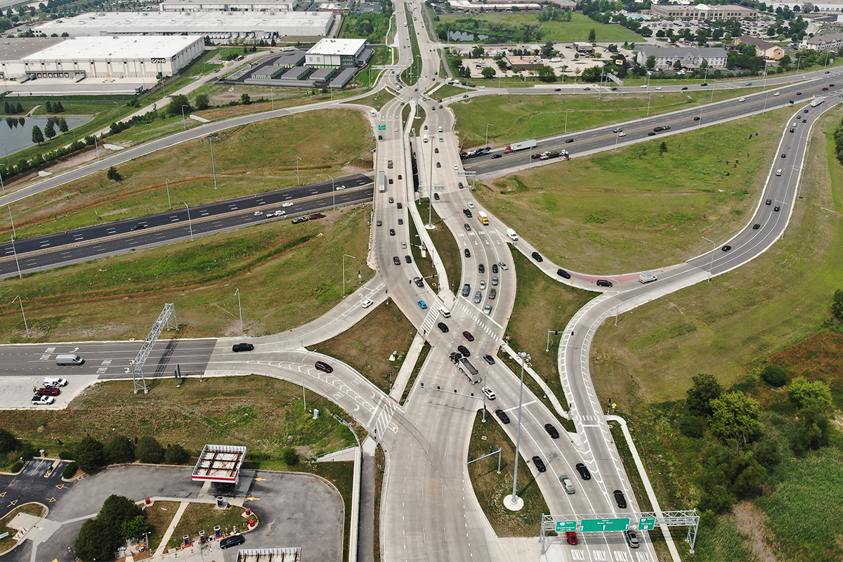 aerial view of the completed diverging diamond interchange carrying Weber Road over I-55 in Will County, IL