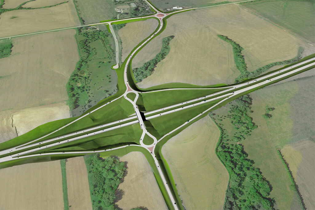 Rendering of roundabouts and innovative interchange geometry used in the Lincoln South Beltway project