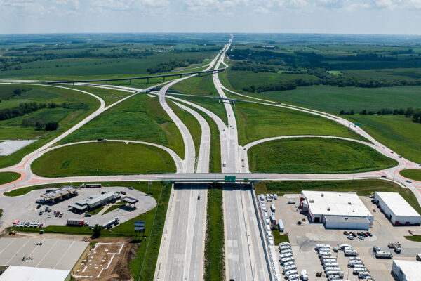 aerial image of the completed Lincoln South Beltway, showing the Saltillo roundabouts