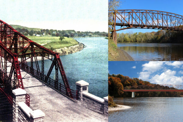 collage image of the Schell Bridge, showing a historic photo from the early 20th century, it's current condition in 2023, and a rendering of a potential rehabilitation concept