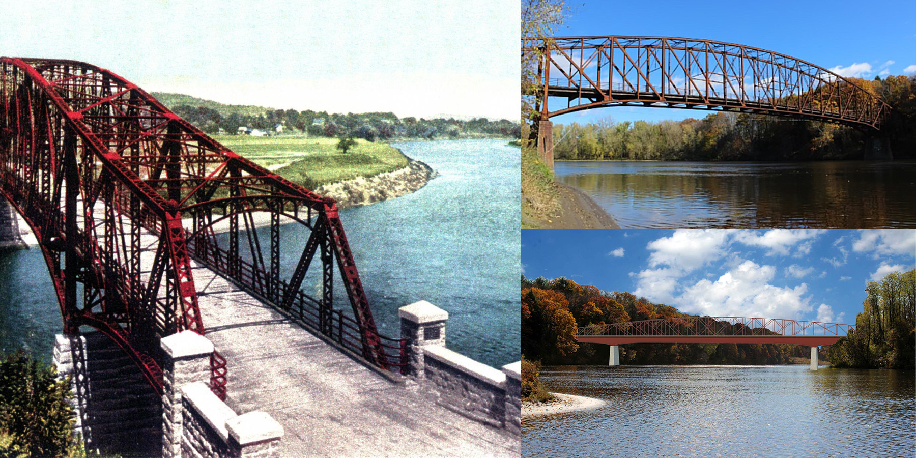 collage image of the Schell Bridge, showing a historic photo from the early 20th century, it's current condition in 2023, and a rendering of a potential rehabilitation concept