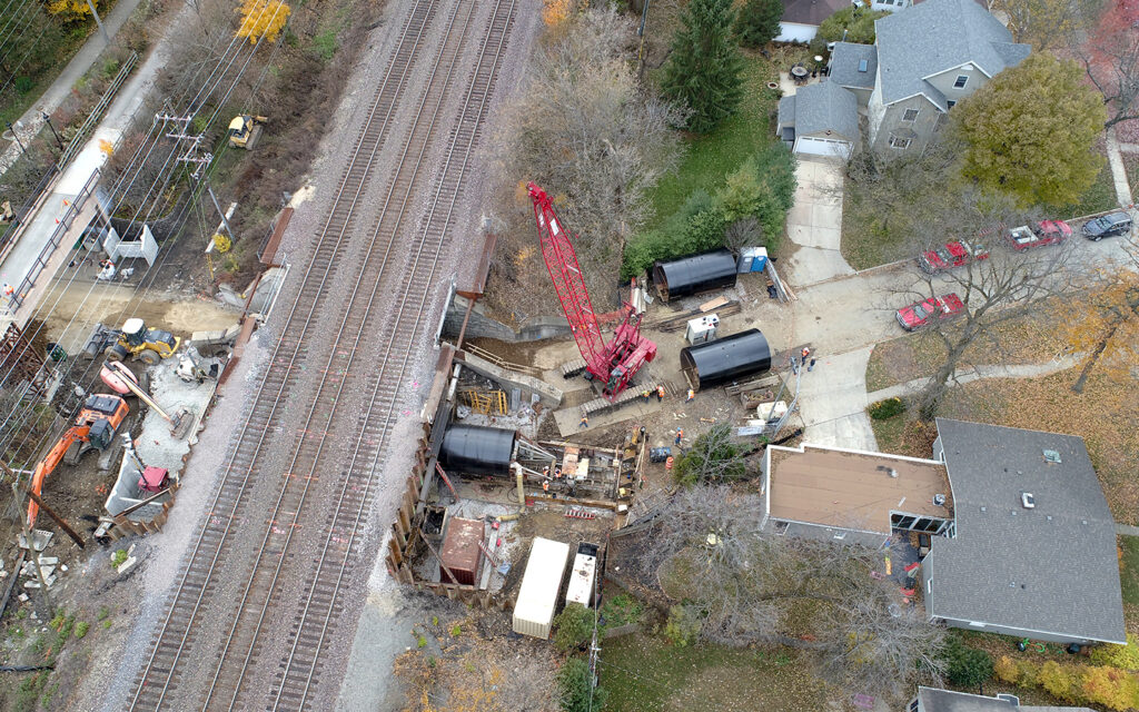 Aerial photo of tunnel bore construction at Taylor Avenue Pedestrian Underpass