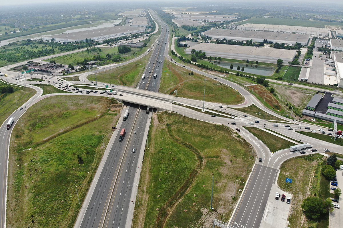 aerial view of the new diverging diamond interchange carrying Weber Road over Will County in Illinois.