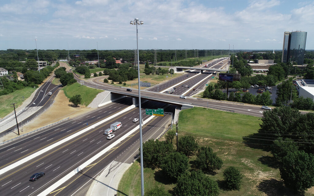 Aerial view photo of the completed I-240 Memfix4 in Tennessee