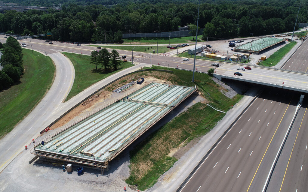 Aerial view photo of each superstructure that was built off-site at a bridge farm.