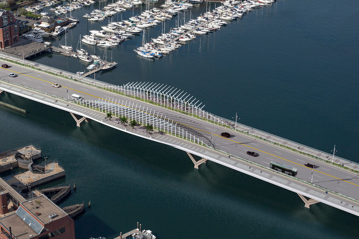 Aerial view photo rendering of the North Washington Street Bridge in Boston, Massachusetts