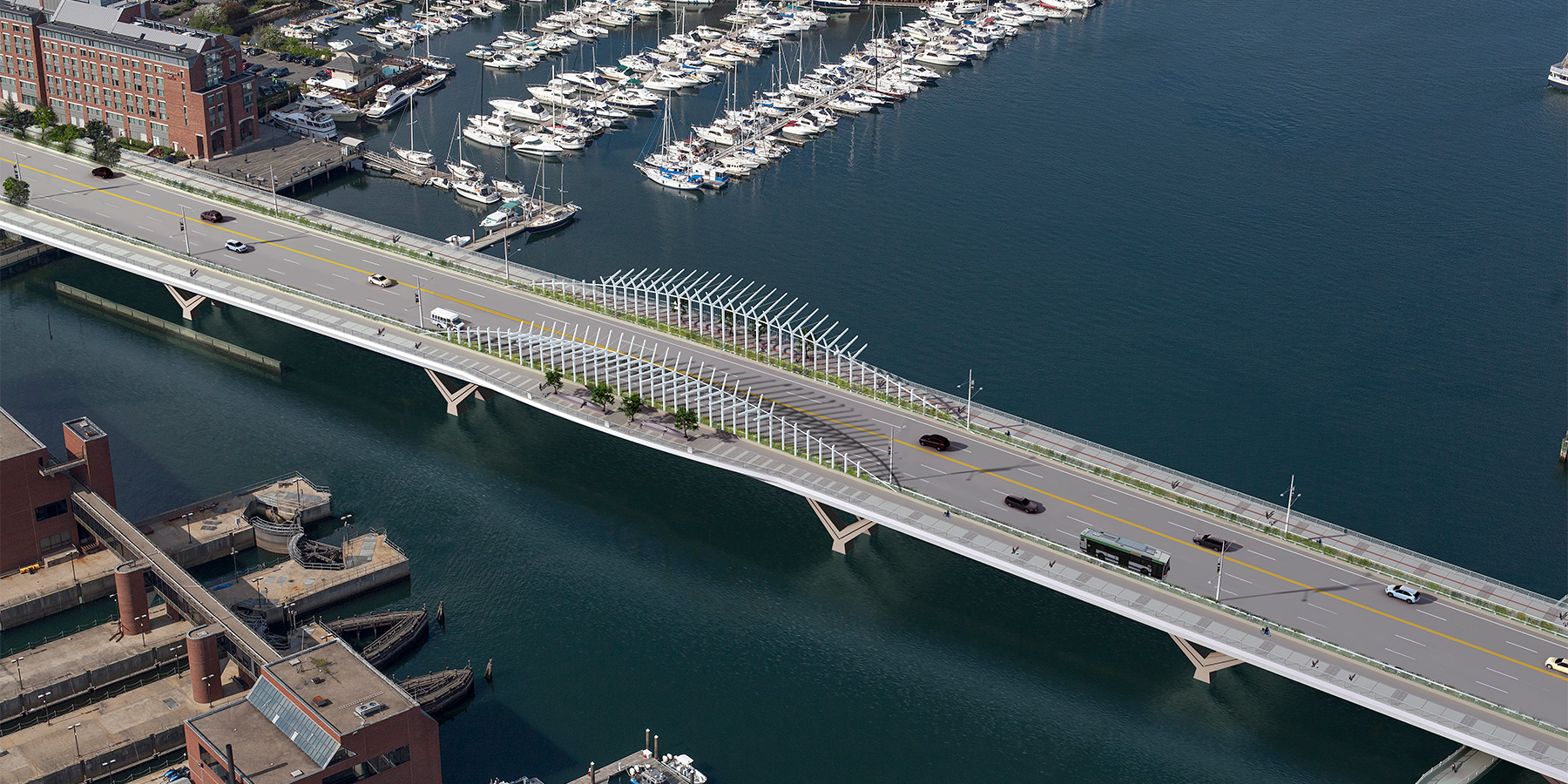 Aerial view photo rendering of the North Washington Street Bridge in Boston, Massachusetts