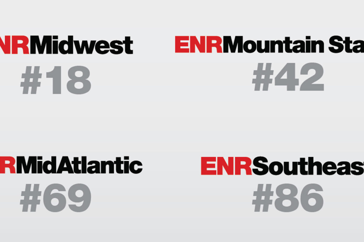 Photo of Benesch 2018 ENR Regional Rankings. Ranking 18 in the Midwest, 42 in the Mountain States, 69 in Mid Atlantic, and 86 in the Southeast