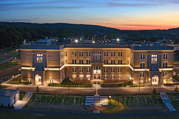 Areial image of the Memorial Boulevard Intradistrict Arts Magnet School at night.