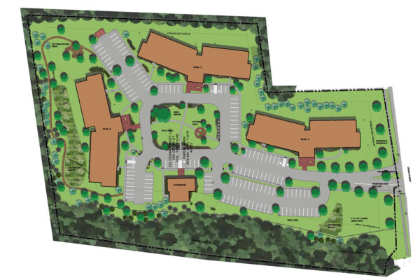 rendering of Cedar Pointe showing placement of buildings and a walking trail, as well as parking lots, a central park space and other facilities