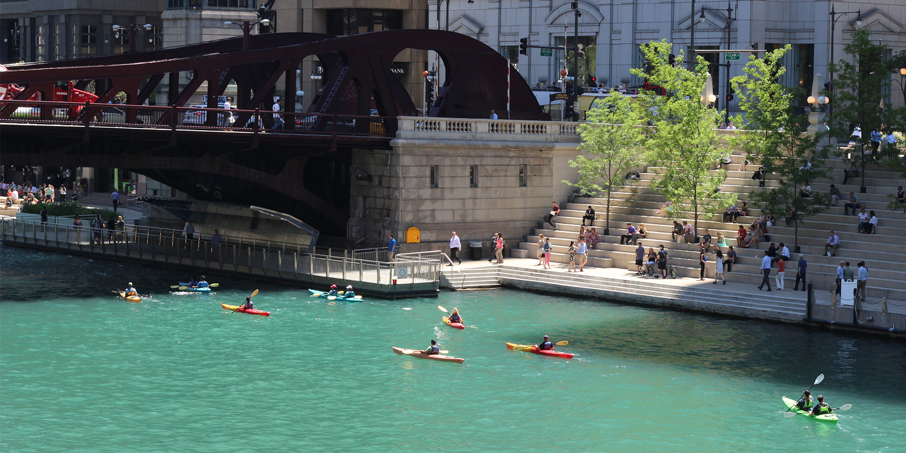 Photo of kayakers at the Chicago Riverwalk opening weekend