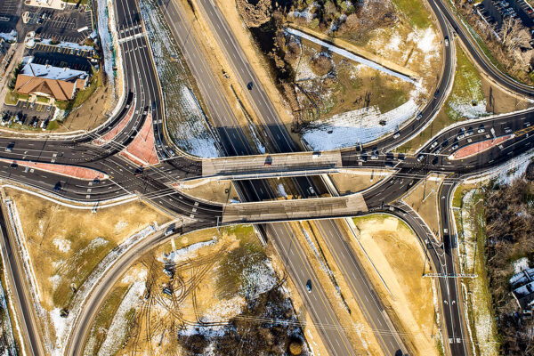 Aerial view photo of the Diverging Diamond Interchange at Cascade Road and I-96 in Michigan