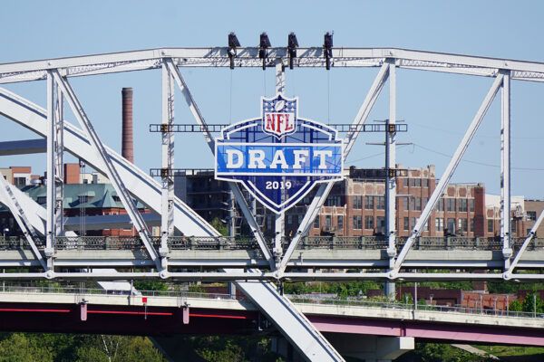 Photo of the 2019 NFL draft sign at the John Siegenthaler pedestrian bridge in Nashville, TN