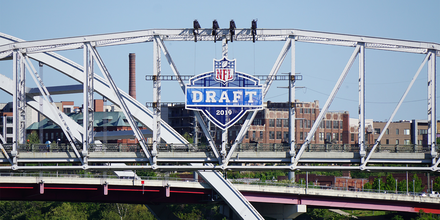 Photo of the 2019 NFL draft sign at the John Siegenthaler pedestrian bridge in Nashville, TN