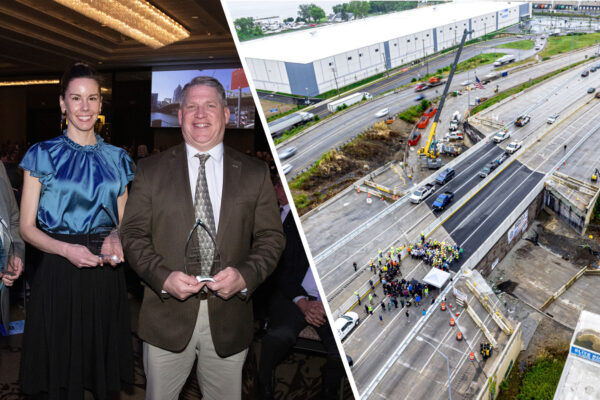 picture of project team accepting the ESWP award on left, with an image of the repaired roadway on the right