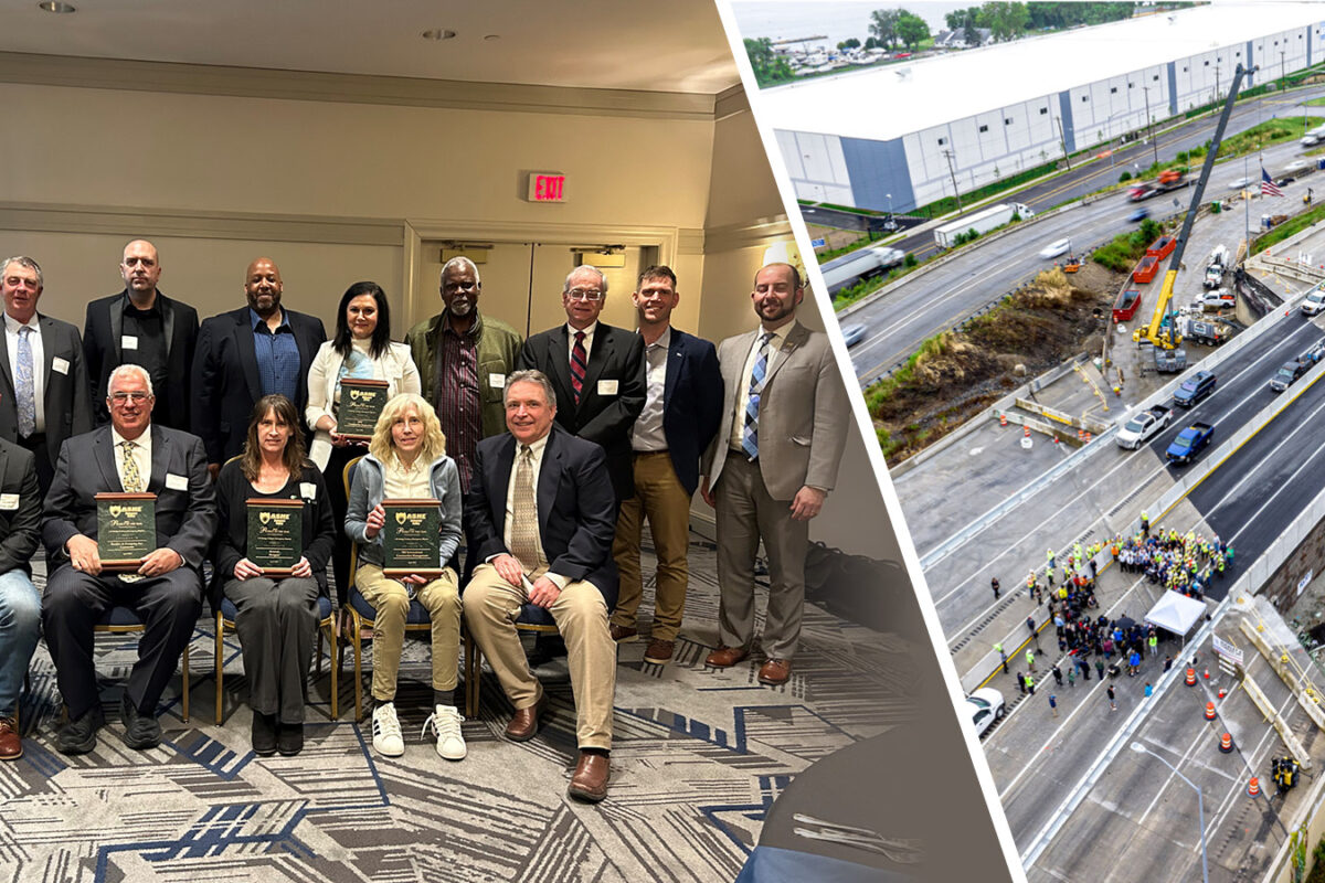 split image showing the project team with their award on the left; on the right is an aerial view of I-95 after the temporary roadway was opened to traffic