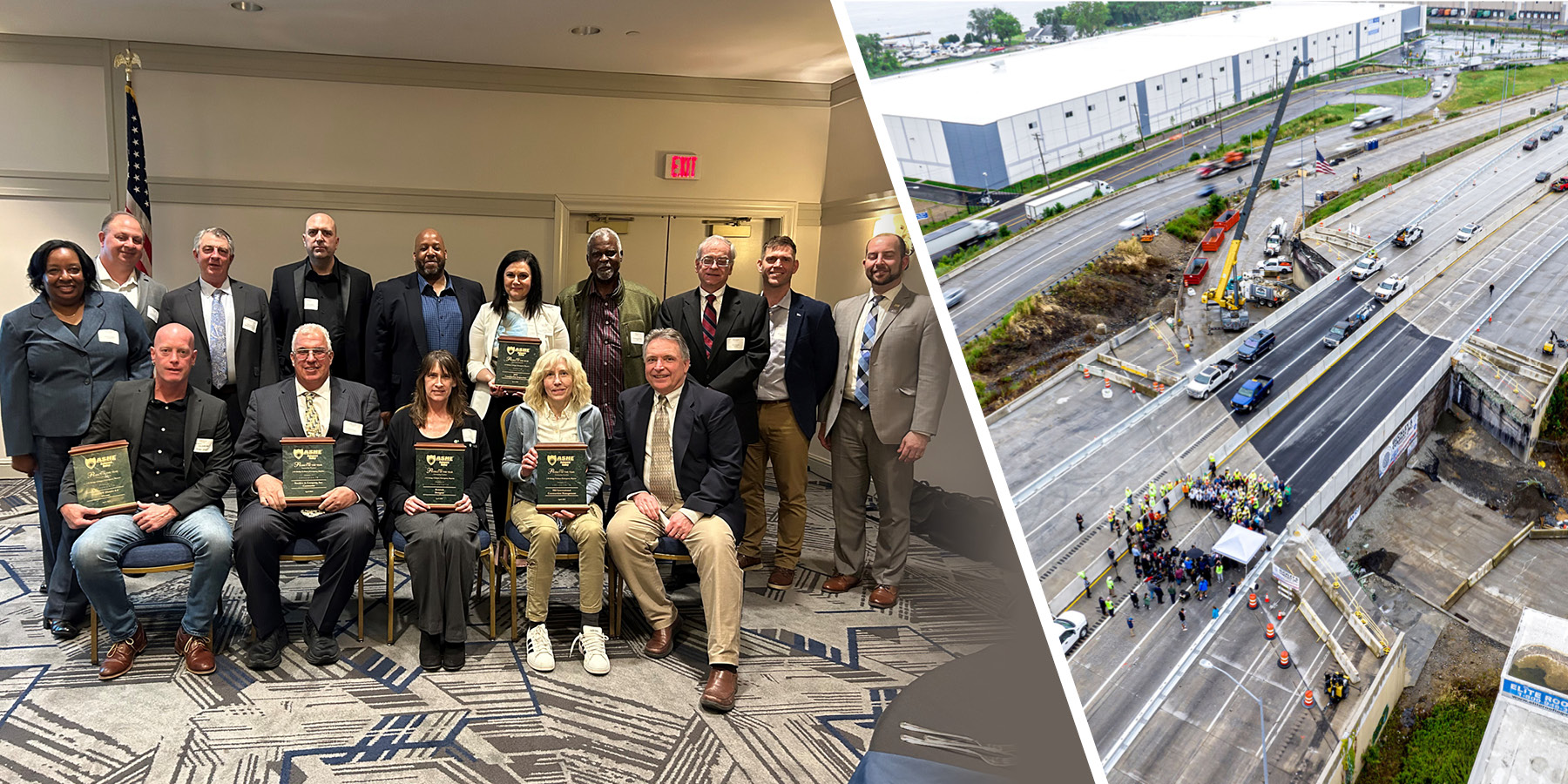 split image showing the project team with their award on the left; on the right is an aerial view of I-95 after the temporary roadway was opened to traffic