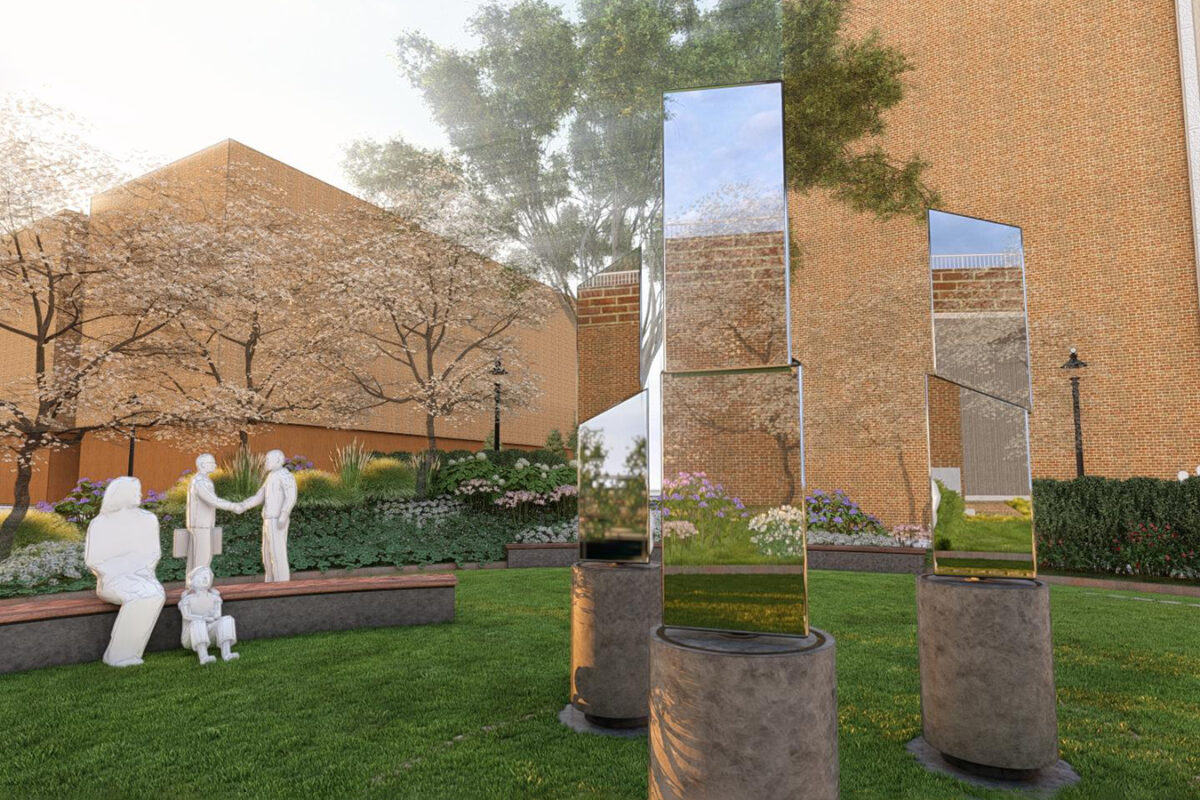 digital rendering of the new reflection park, which includes several mirrored statues and seating areas.