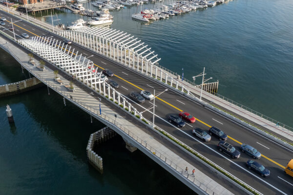 aerial view of the Bill Russell Bridge carrying North Washington Street over the Boston Harbor