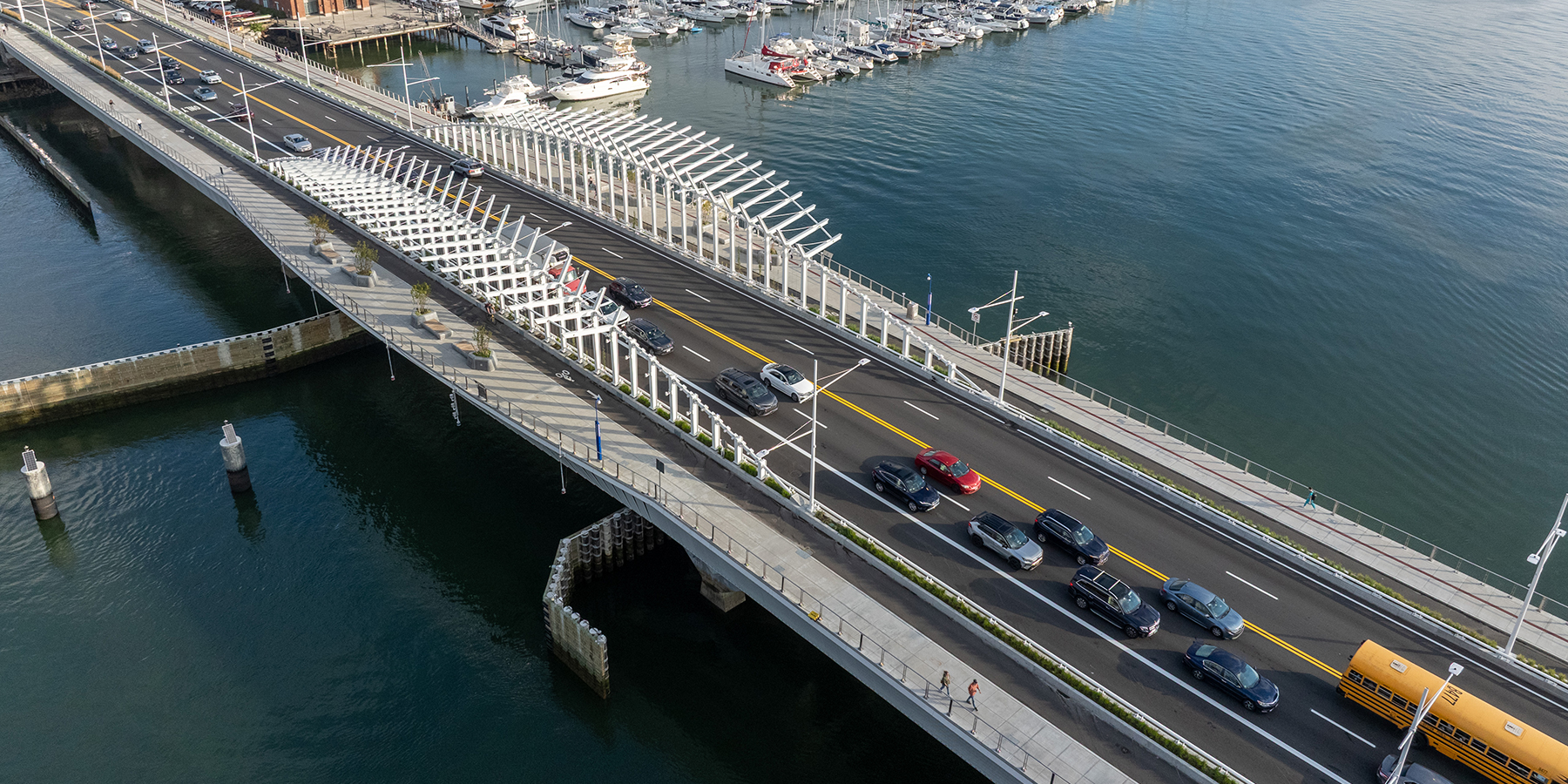 aerial view of the Bill Russell Bridge carrying North Washington Street over the Boston Harbor