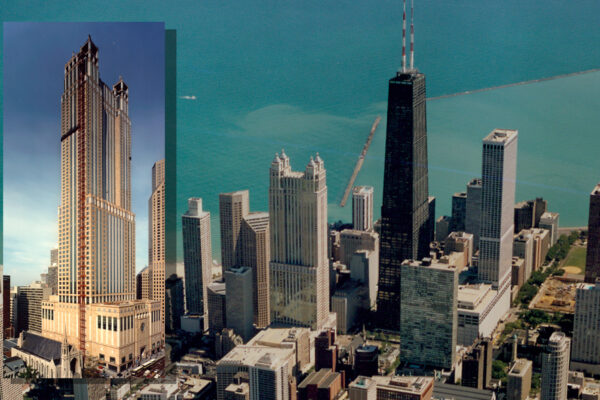 Photo of 900 North Michigan skyscraper, superimposed over an aerial view of downtown Chicago, where the tower is located