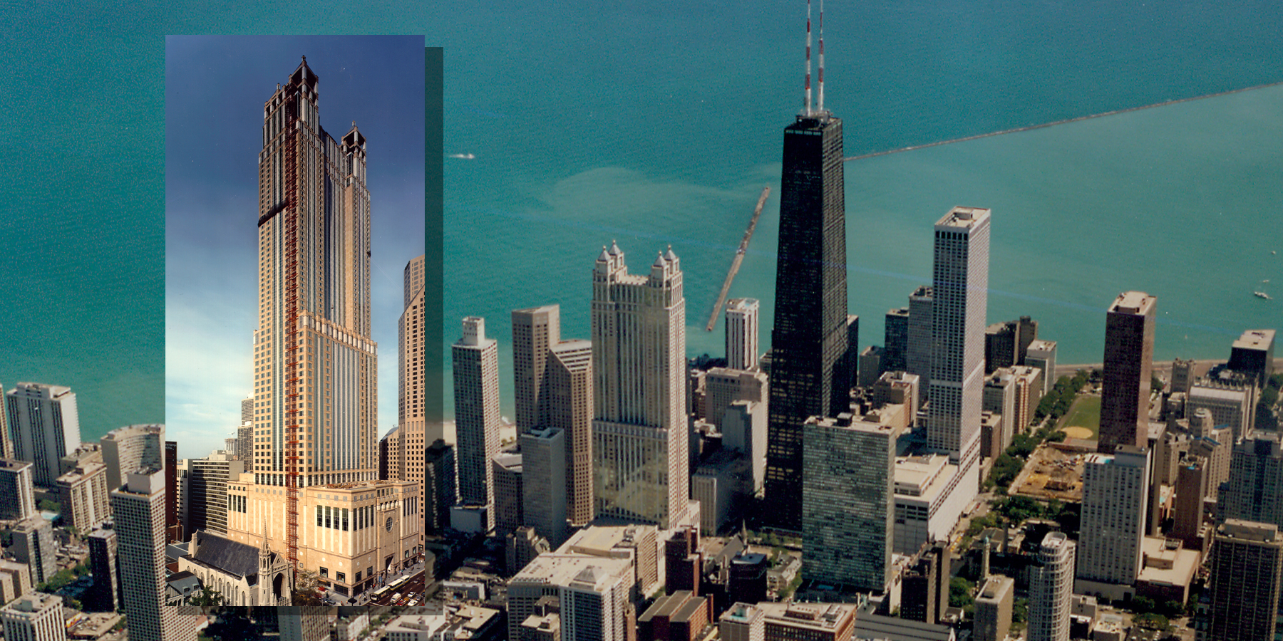 Photo of 900 North Michigan skyscraper, superimposed over an aerial view of downtown Chicago, where the tower is located