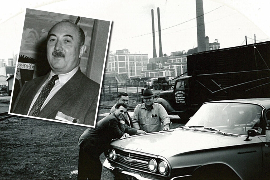 historic photo of our founder, Alfred Benesch, superimposed on an image of a handful of employees in the 1940s at a project site