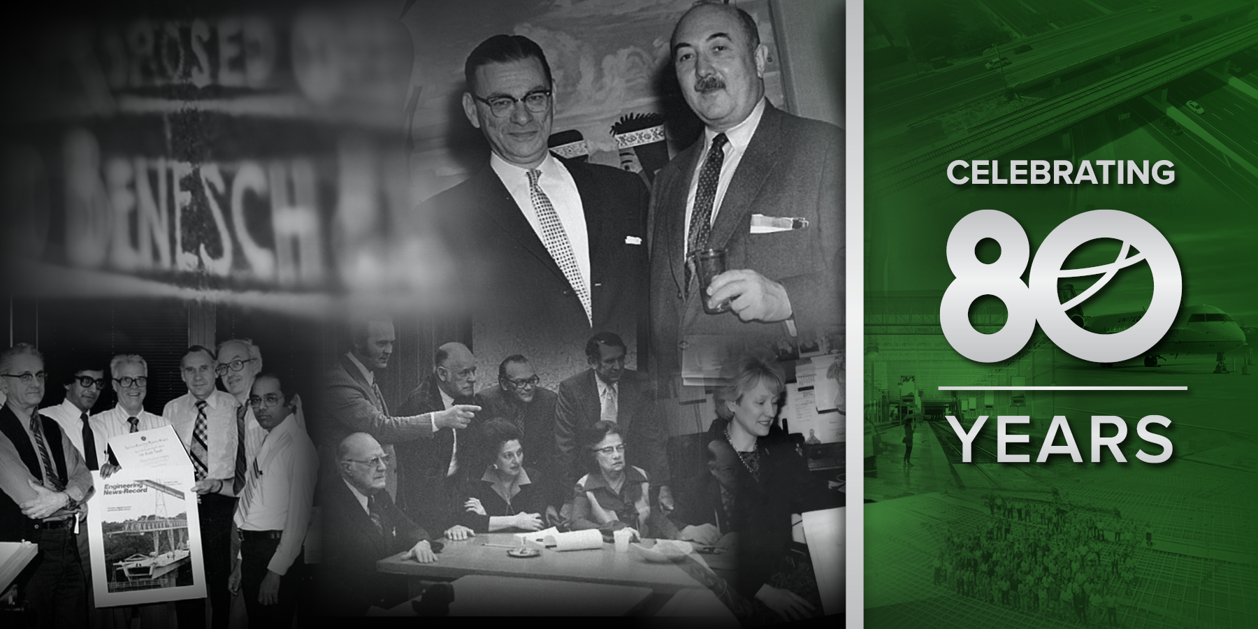 collage of historic image of Benesch's past leaders and projects with an 80th anniversary logo overlay