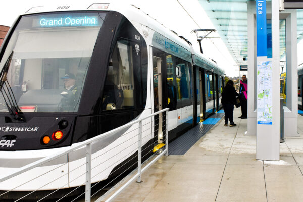 KC streetcar at the station on opening day