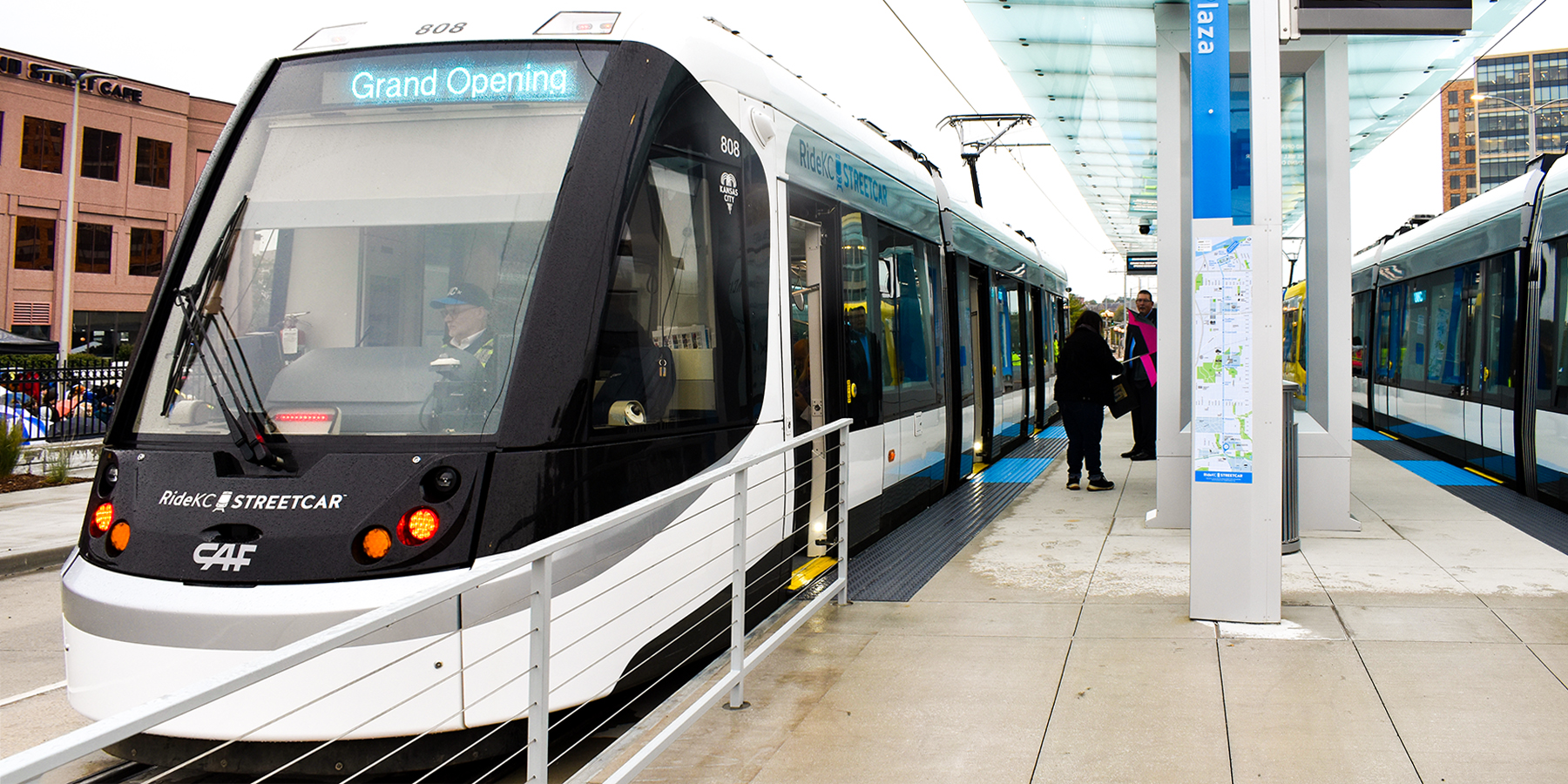 KC streetcar at the station on opening day
