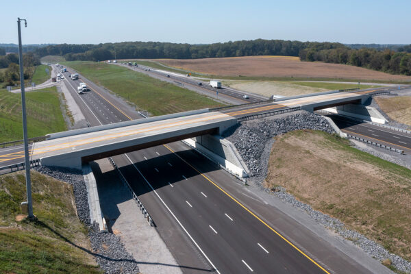 Aerial view of two bridges on I-65